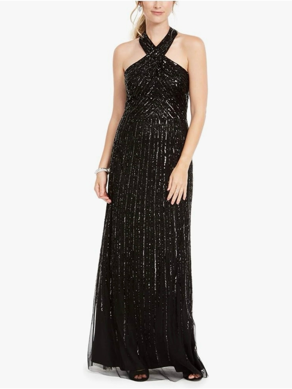 Adrianna Papell Black Women Halter Beaded Gown